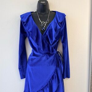 Simple Royal Blue Velvet Wrap Dress with Ruffle Trim
